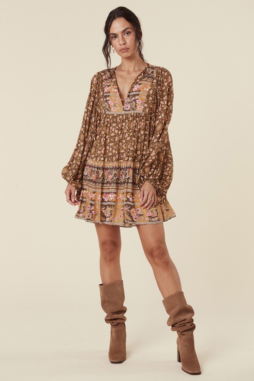 Spell Madame Peacock Boho Mini Dress - Coffee Spell Madame Peacock Boho Mini Dress - Coffee