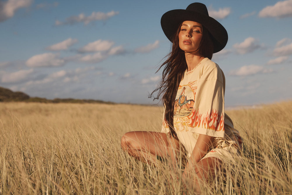 Flaming Cowboy Tee in Sand on model