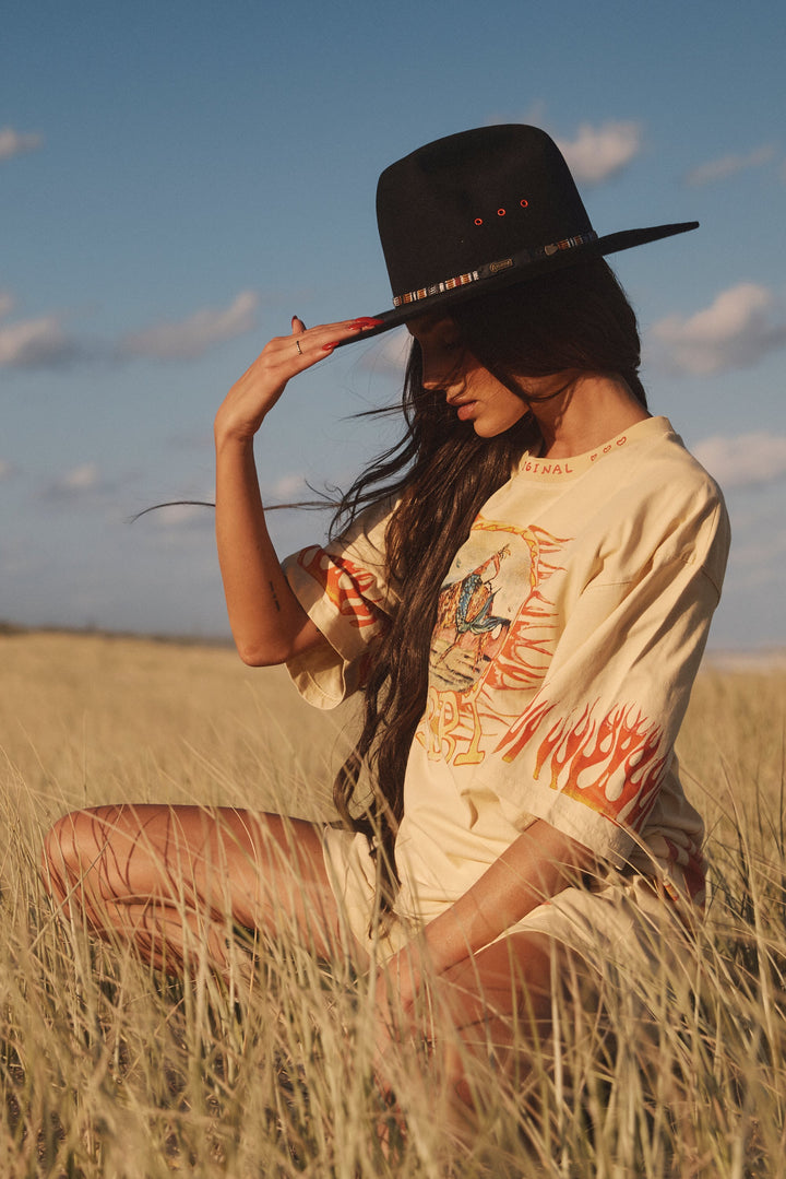 Flaming Cowboy Tee in Sand styled