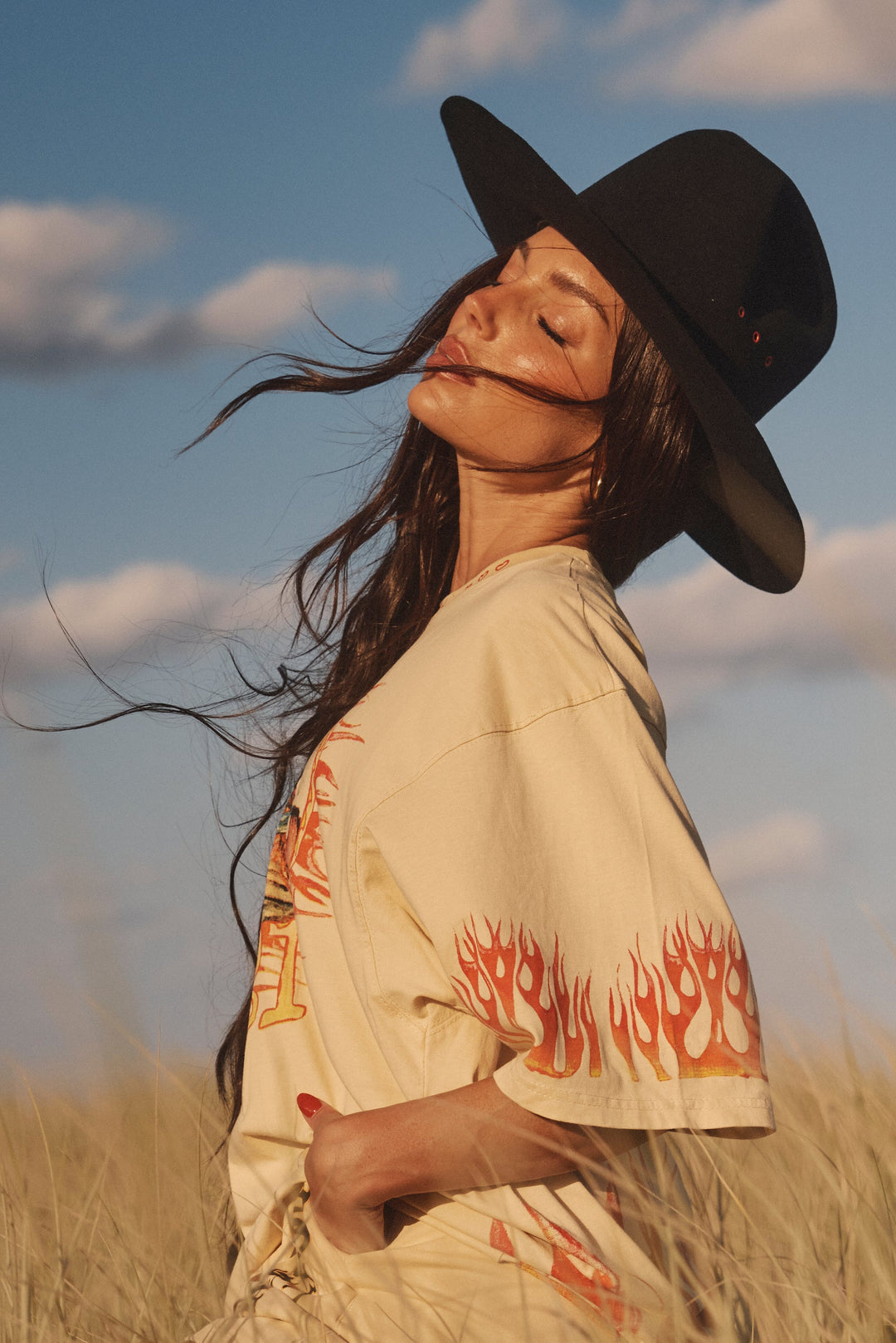 Flaming Cowboy Tee in Sand detail
