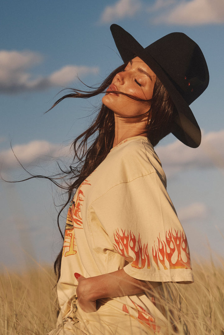Flaming Cowboy Tee in Sand detail