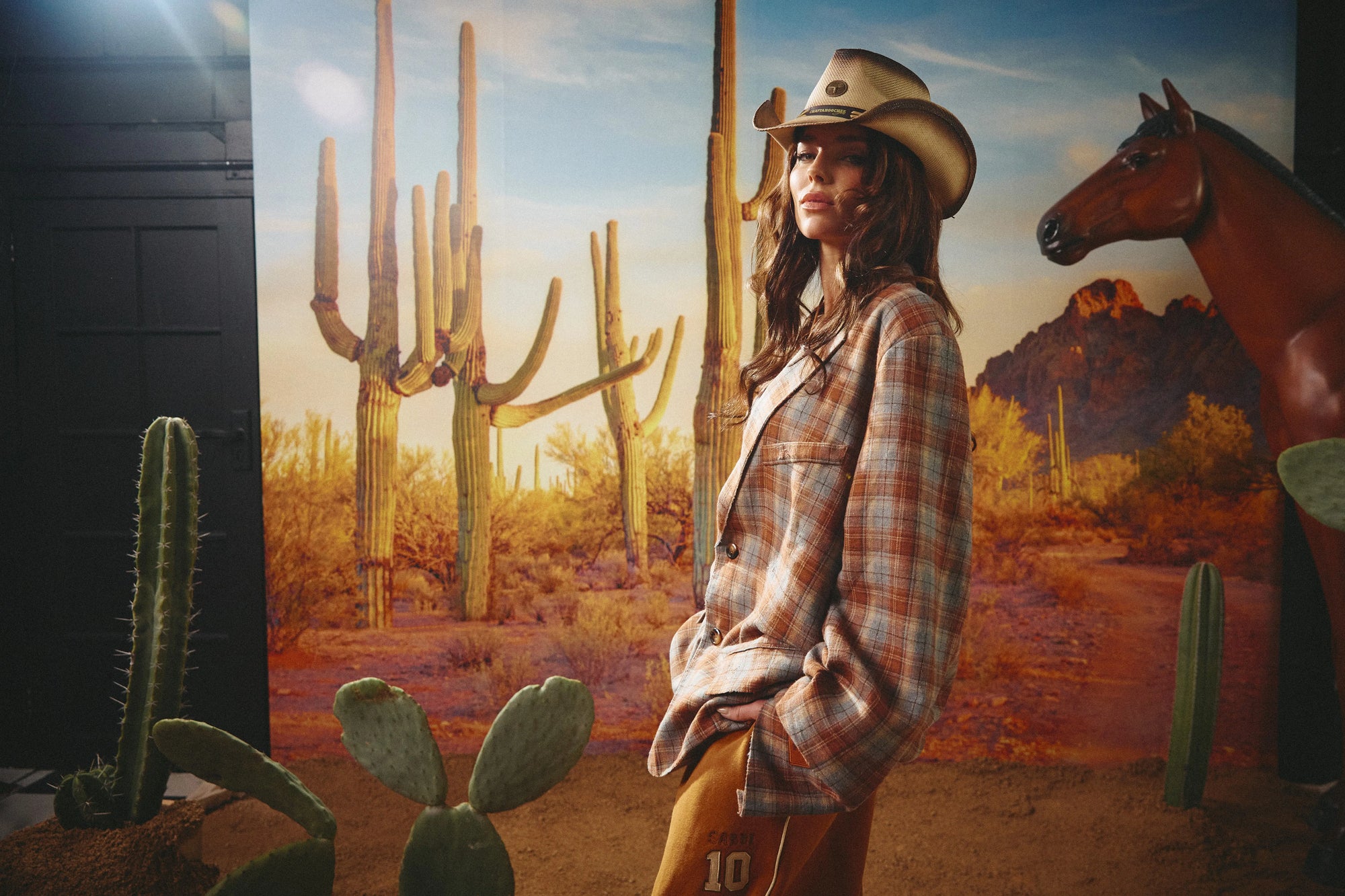 A woman wearing a cowboy hat, a brown and beige plaid flannel shirt, and brown pants stands in front of a desert landscape backdrop featuring saguaro cacti, mountains, and a horse.