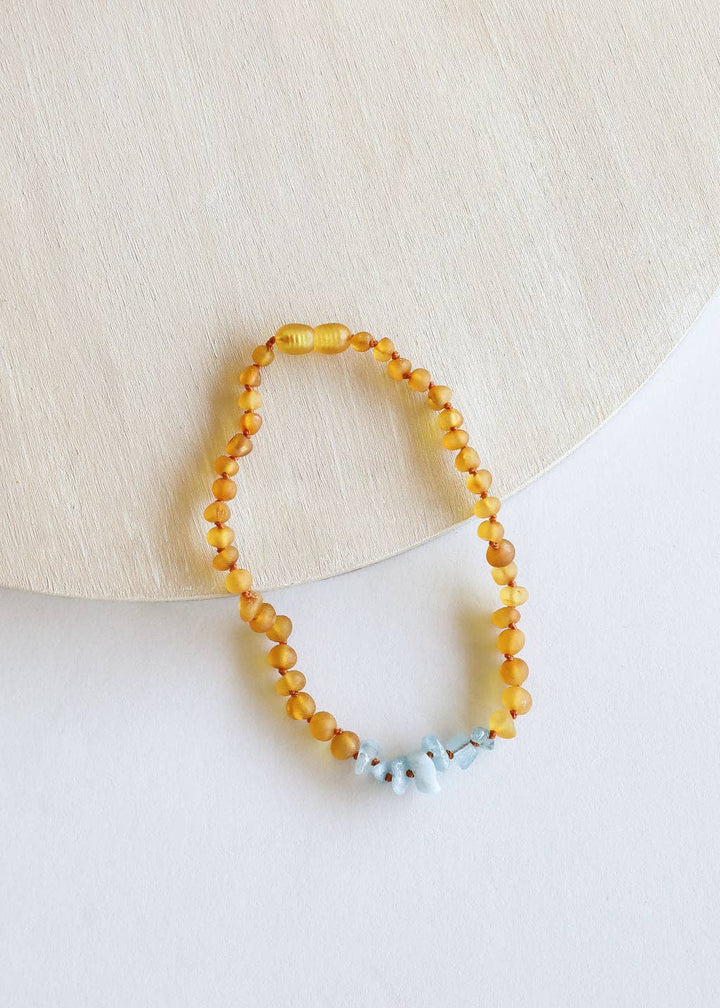 Raw Honey Baltic Amber + Aquamarine || Baby Necklace