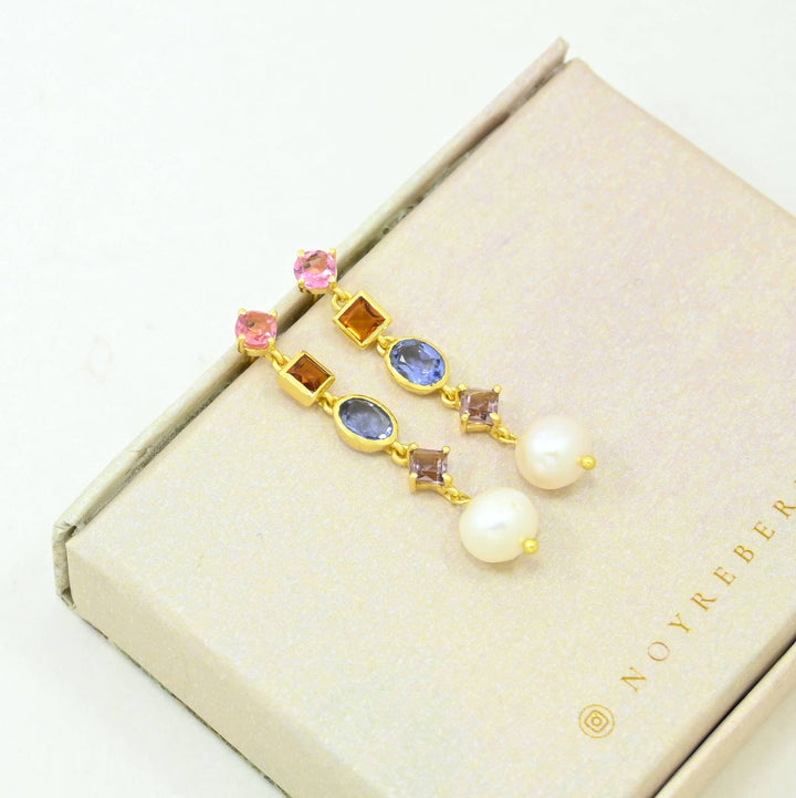 Stella Earring Gold Plated - Pearl, Tanzanite &amp; Tourmaline