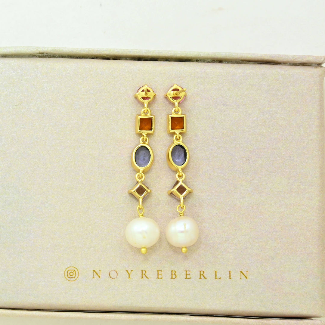 Stella Earring Gold Plated - Pearl, Tanzanite &amp; Tourmaline