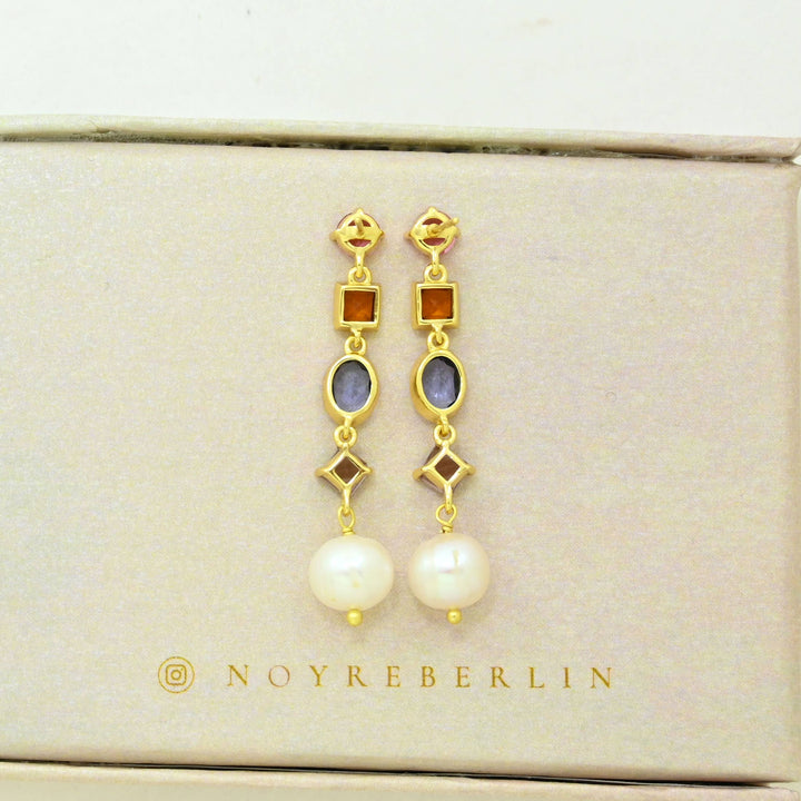 Stella Earring Gold Plated - Pearl, Tanzanite &amp; Tourmaline