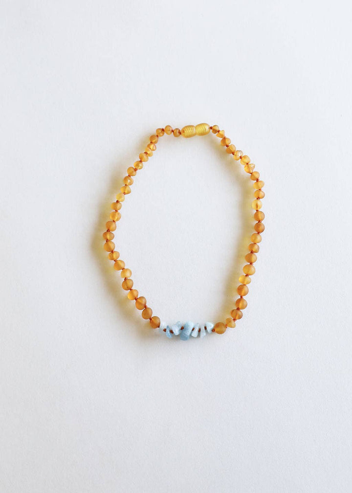 Raw Honey Baltic Amber + Aquamarine || Baby Necklace