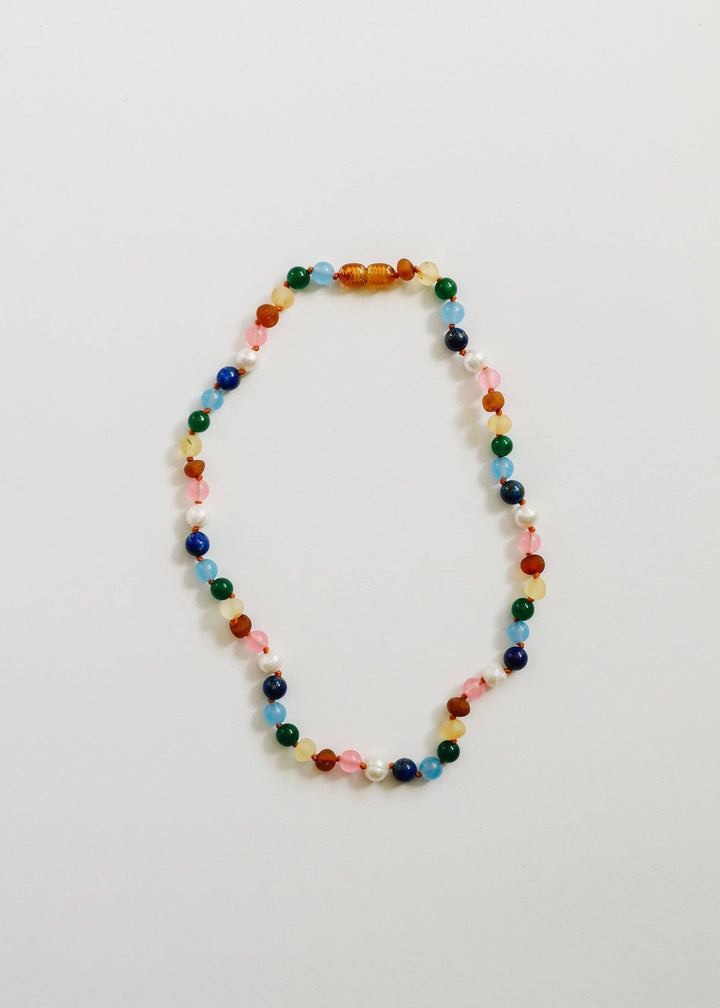 Raw Baltic Amber and Pearl Necklace + Sweet Pink Gemstones