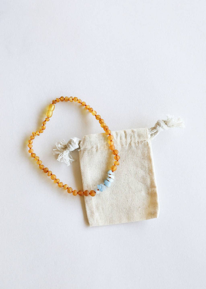 Raw Honey Baltic Amber + Aquamarine || Baby Necklace