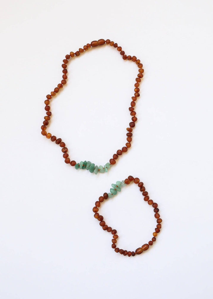 Raw Cognac Baltic Amber + Raw Aventurine || Baby Necklace