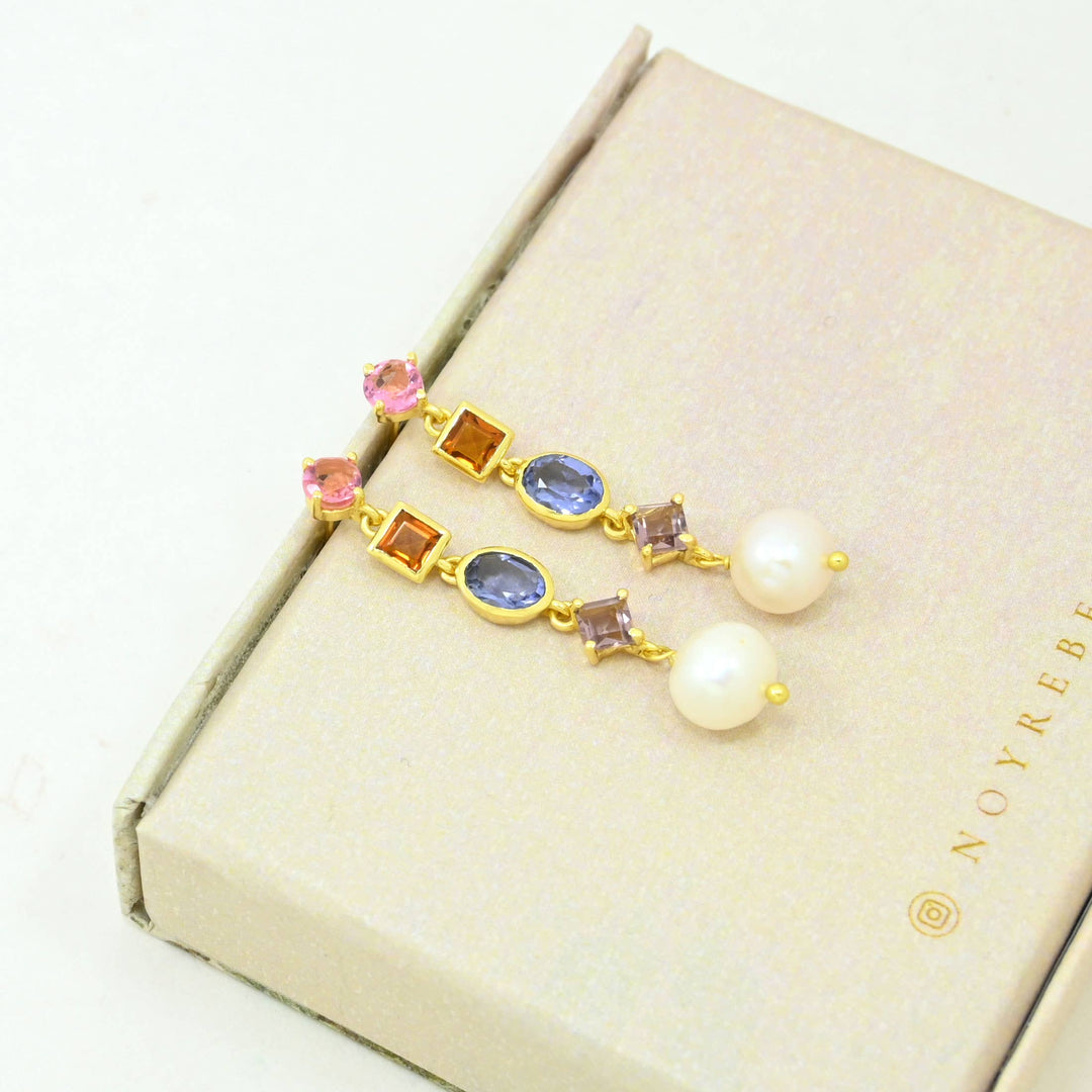 Stella Earring Gold Plated - Pearl, Tanzanite &amp; Tourmaline
