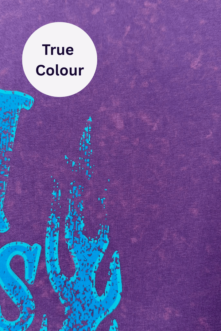 Purple Sabbi Glad Rag tee shown true to size on a model
