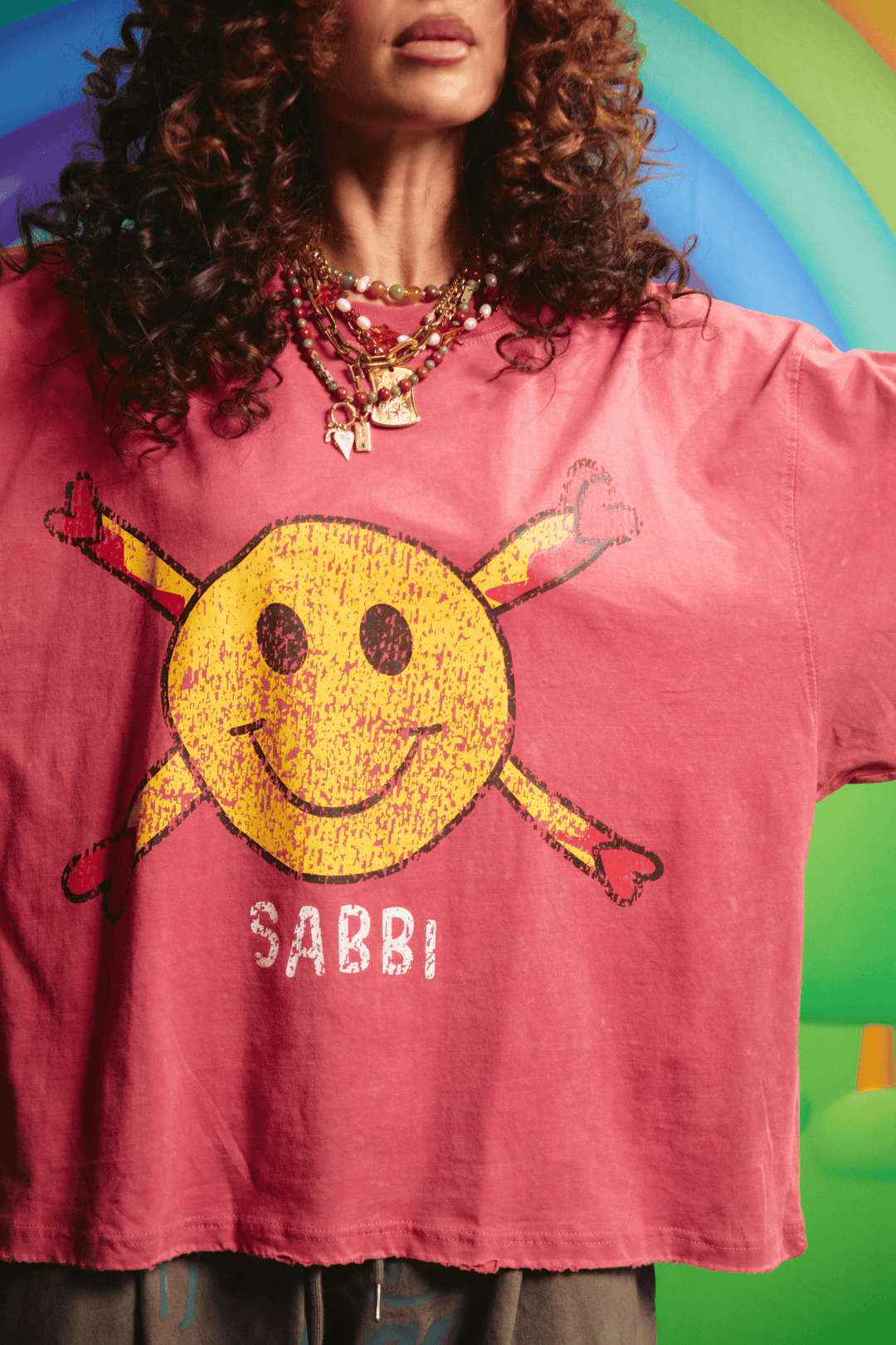 Close-up detail of the back message on the Guy Smiley tee