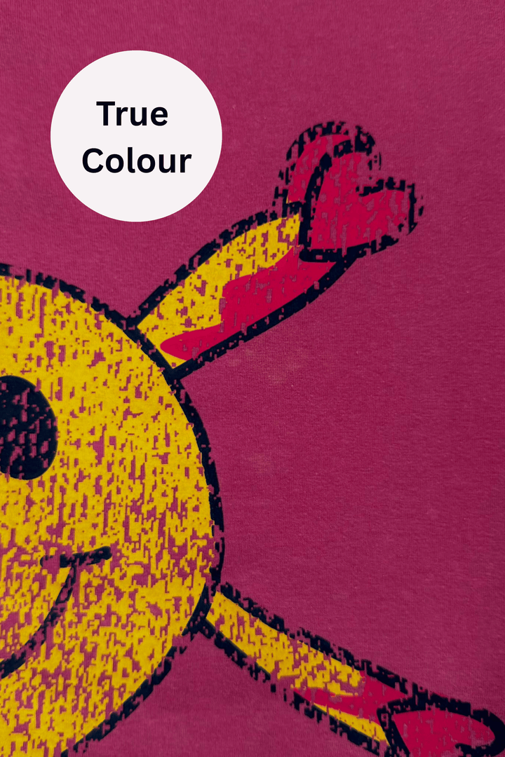 Red Sabbi Guy Smiley tee shown true to size on a model