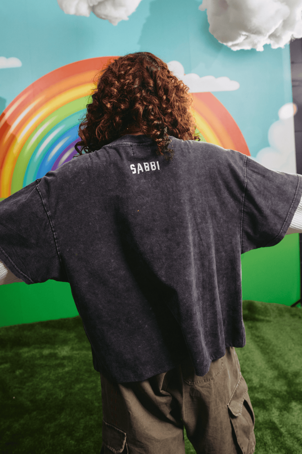 Back view of the Happiness Waffle Long Sleeve Tee showing the small back print