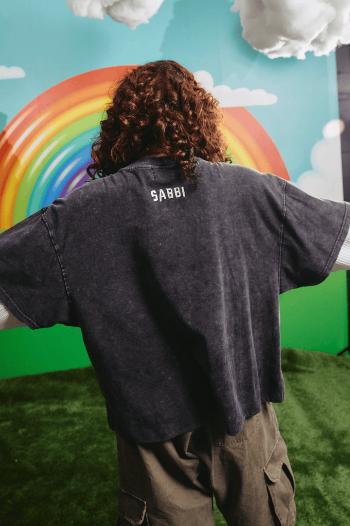 Back view of the Happiness Waffle Long Sleeve Tee showing the small back print