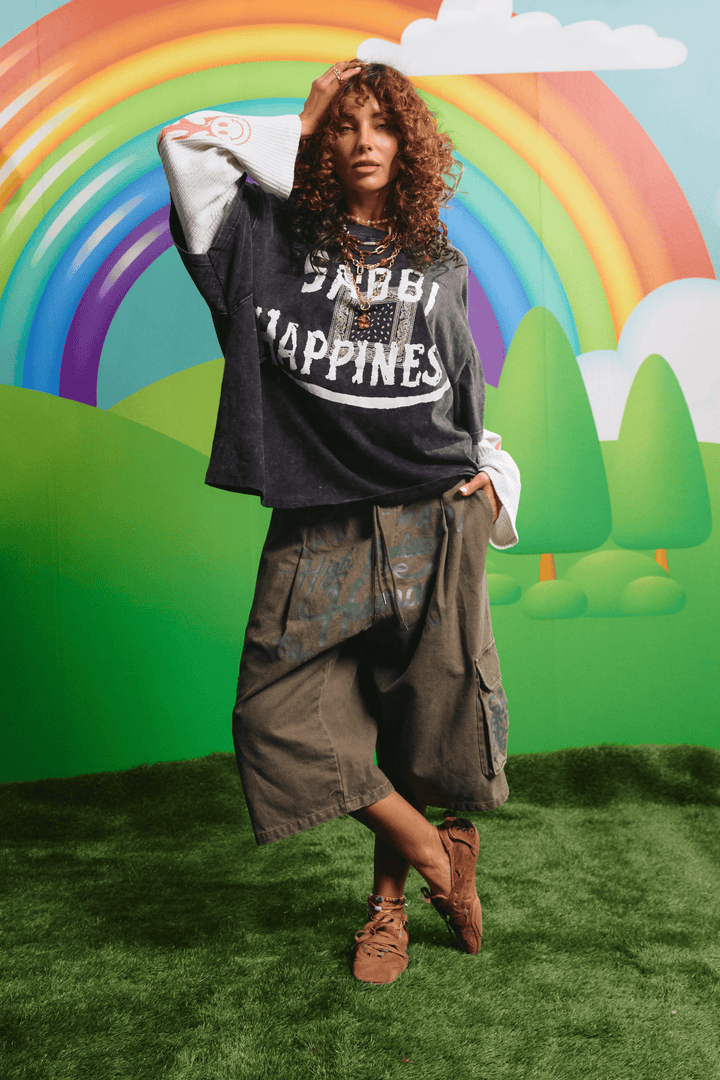 Model wearing the Sabbi Happiness Waffle Long Sleeve Tee, front view