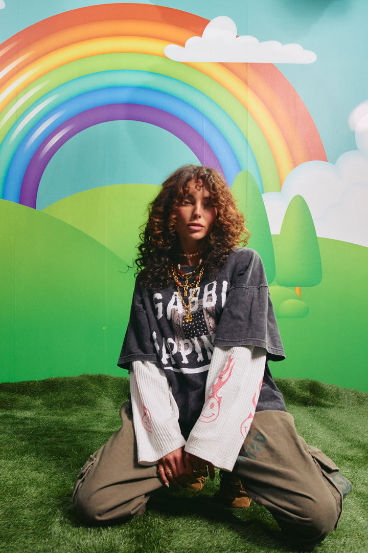 Model wearing the Sabbi Happiness Waffle Long Sleeve Tee, alternate view