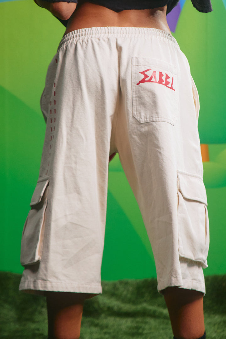 Back view of the cream High Quality Human Jorts showing the back patch pocket