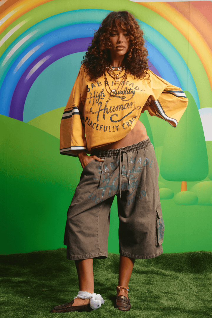 Model wearing the Sabbi High Quality Human Jorts in khaki