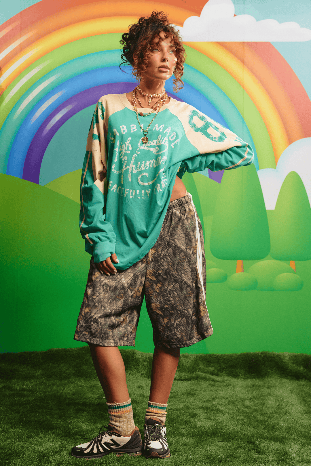Model wearing the Sabbi High Quality Human Long Sleeve Tee in green