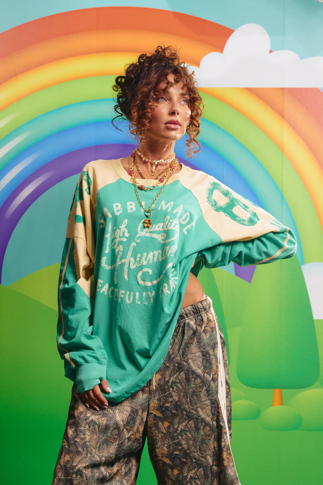 Sabbi High Quality Human Long Sleeve Tee in green, front view