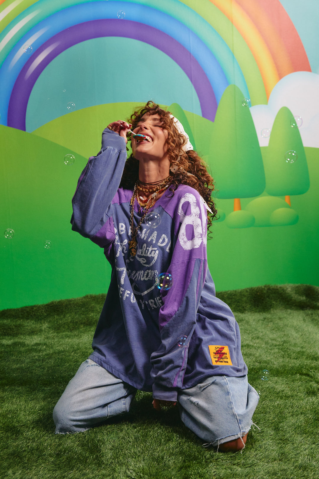 Model wearing the Sabbi High Quality Human Long Sleeve Tee in purple