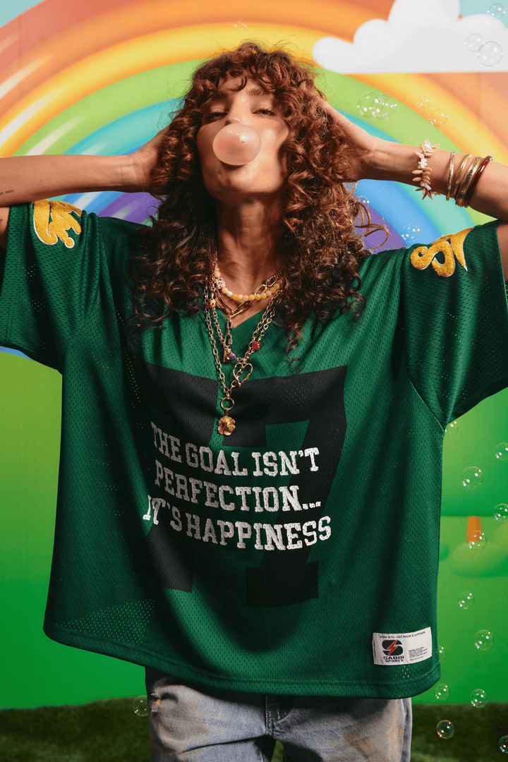 Sabbi Perfection Complex mesh tee in green, front view with graphic lettering