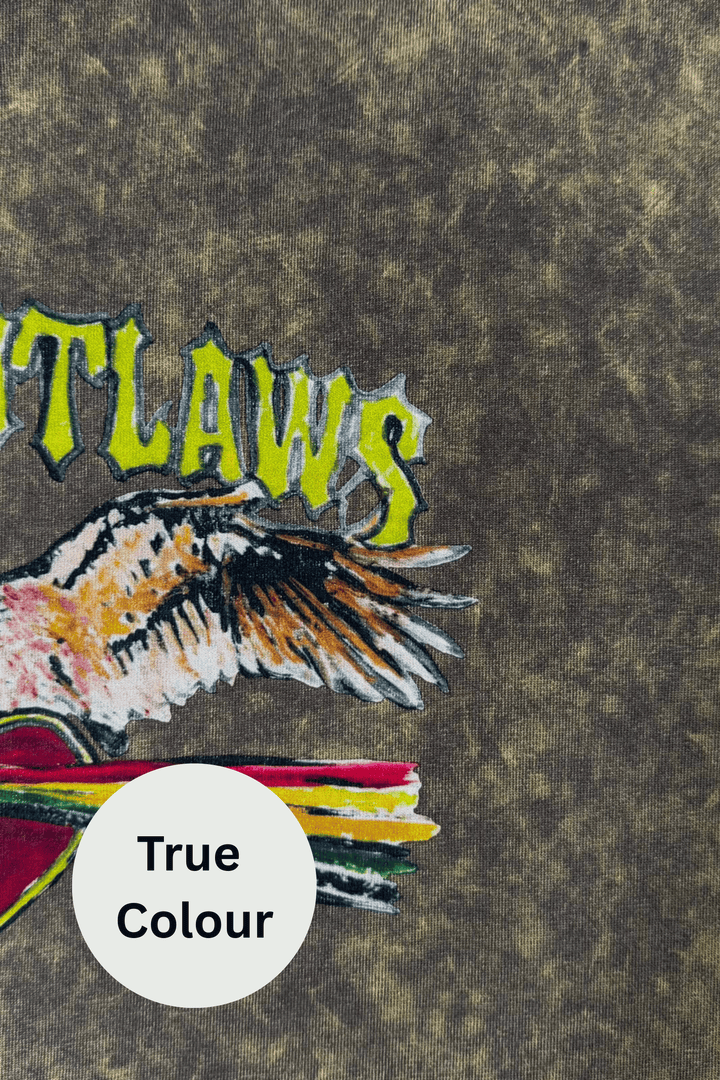 Green and orange Outlaw Shirt Tee shown true to size on a model