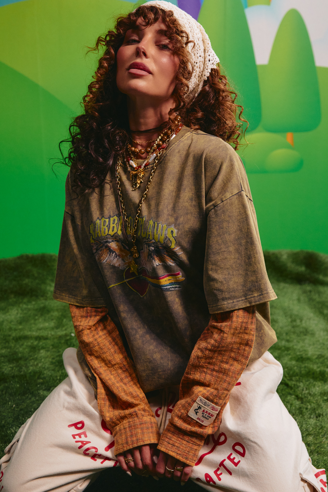 Sabbi Outlaw Shirt Tee in green with orange check sleeves, front view