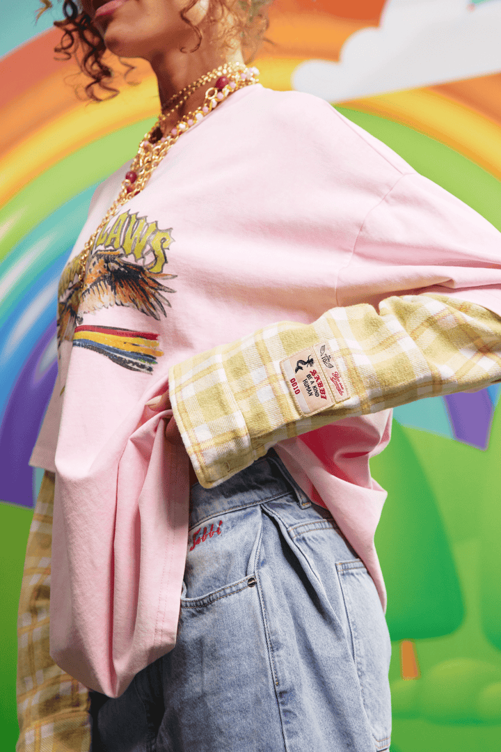 Close-up detail of the green check sleeve fabric
