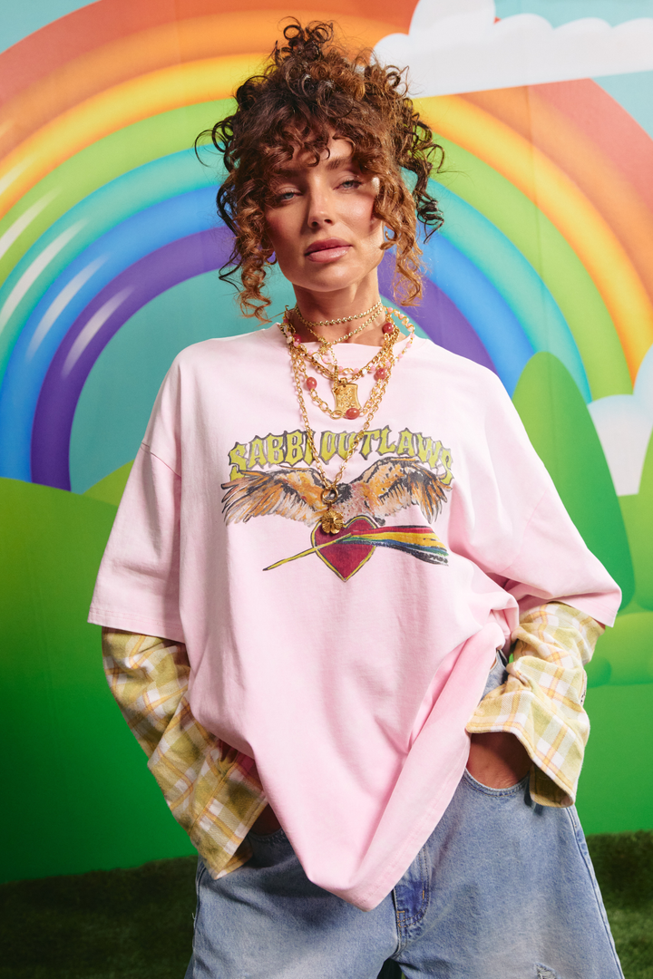 Sabbi Outlaw Shirt Tee in pink with green check sleeves, front view