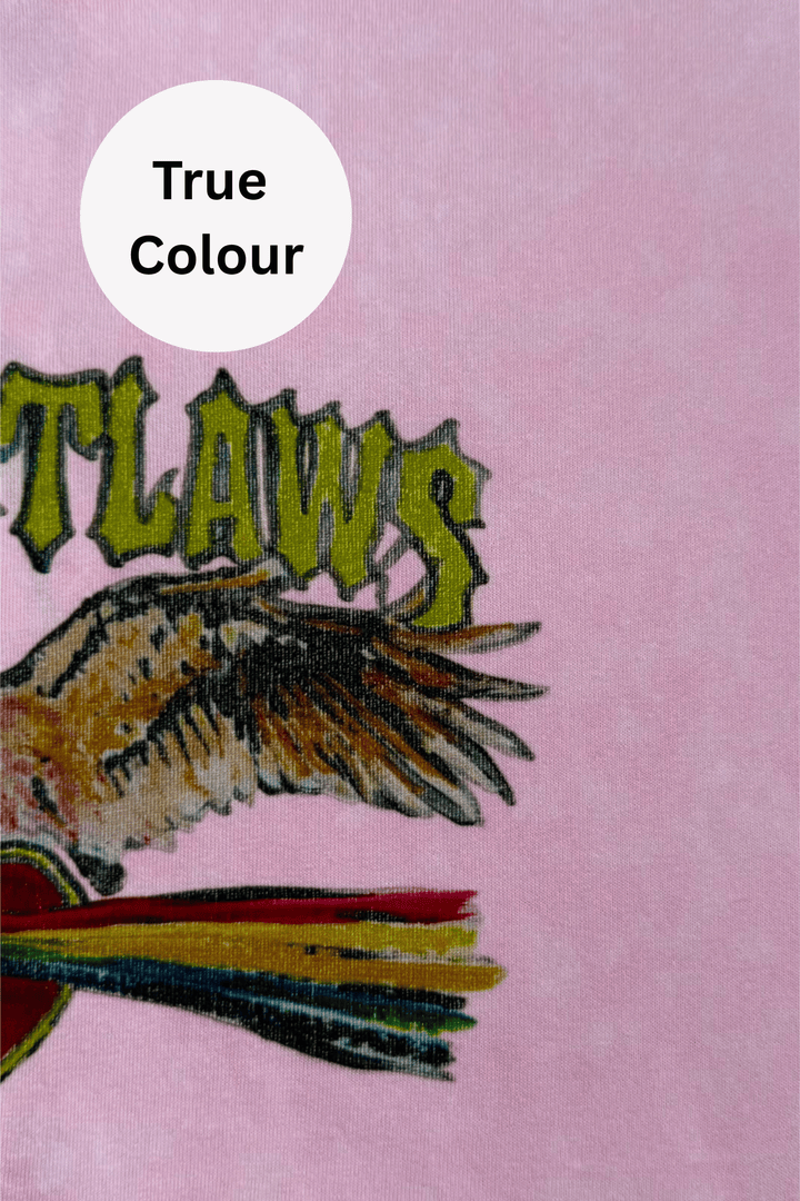 Pink and green Outlaw Shirt Tee shown true to size on a model