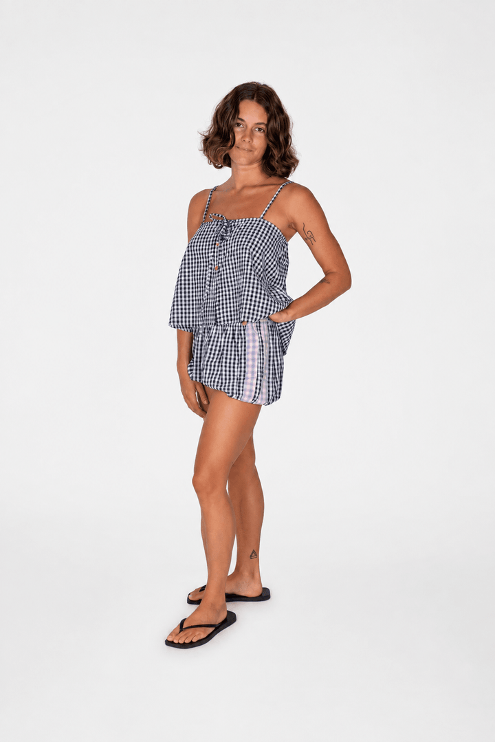 Aura Button Cami Top in Black Gingham