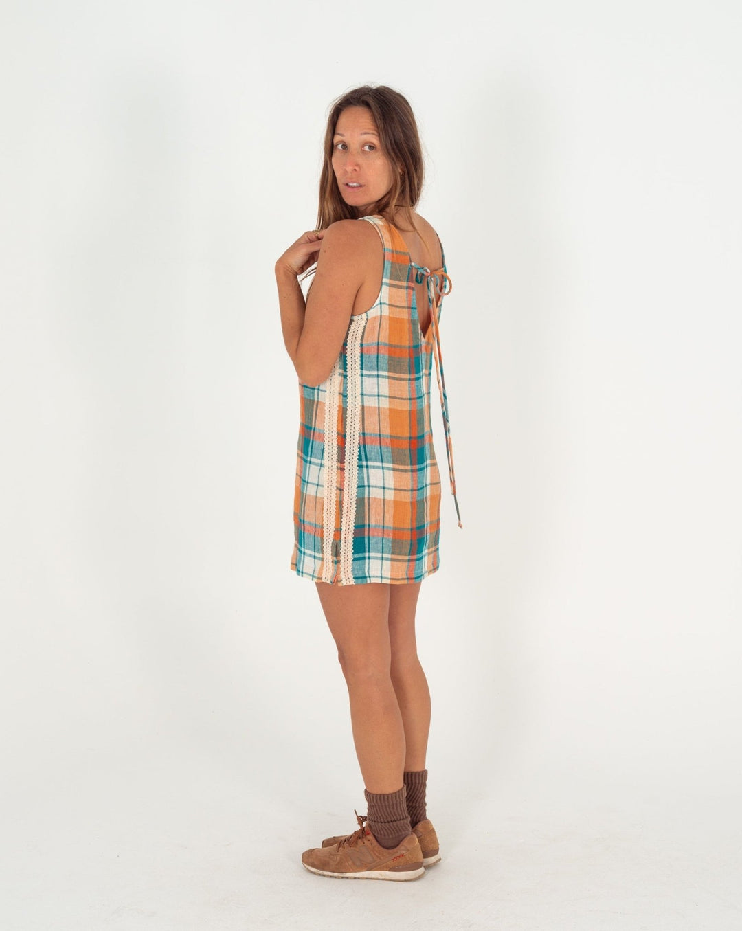 Karina V Neck Mini Dress in Citrus/Teal Check