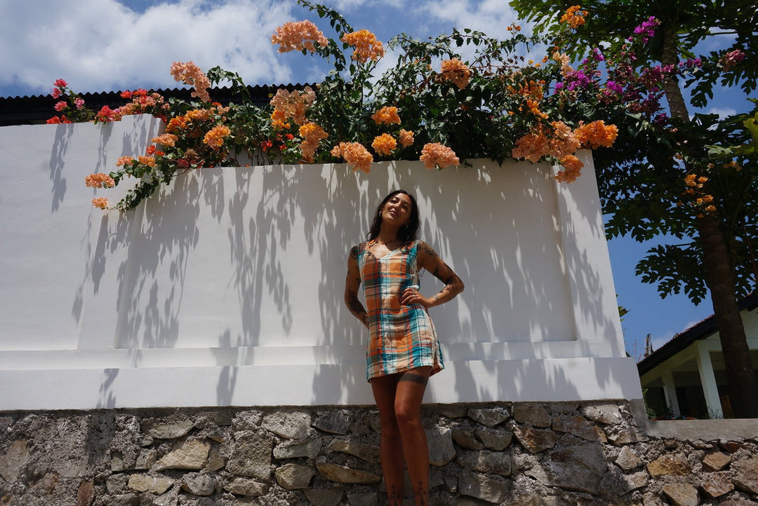 Karina V Neck Mini Dress in Citrus/Teal Check