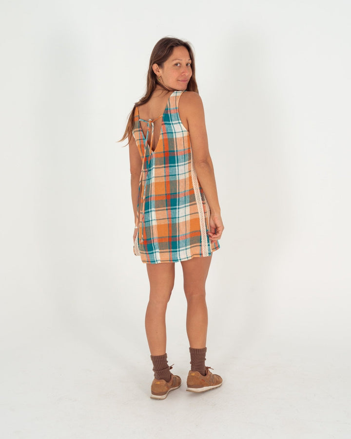 Karina V Neck Mini Dress in Citrus/Teal Check