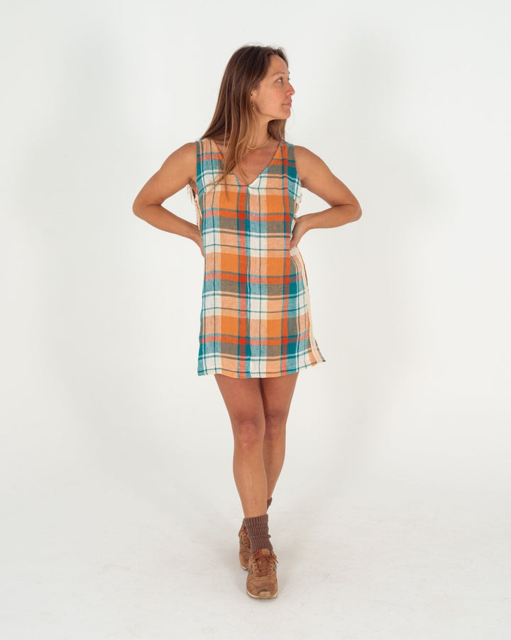 Karina V Neck Mini Dress in Citrus/Teal Check
