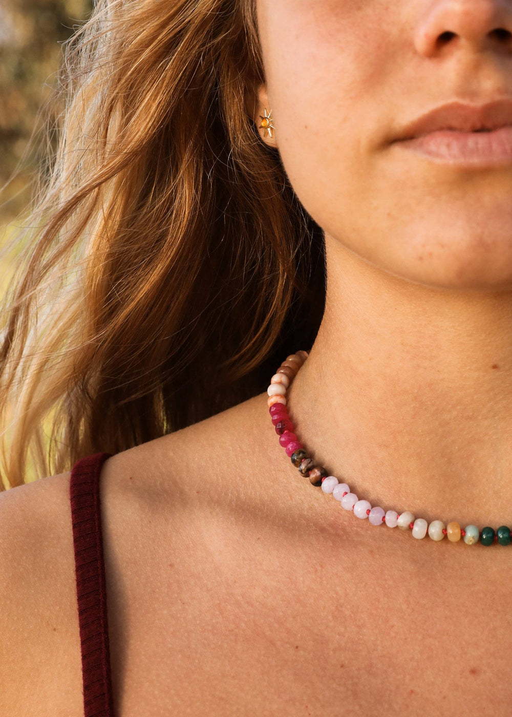 Woman wearing the Sedona gemstone necklace
