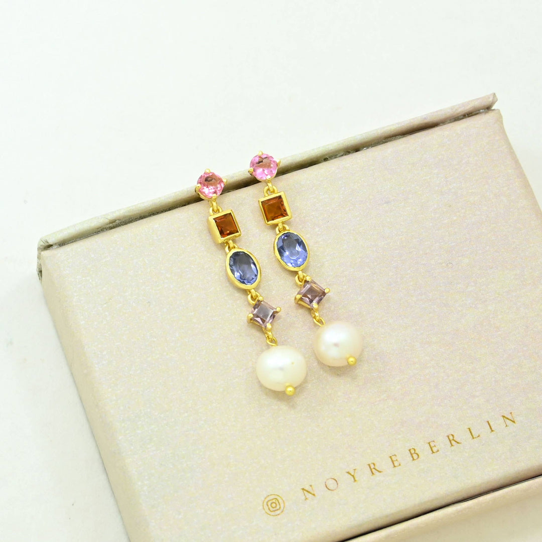 Stella Earring Gold Plated - Pearl, Tanzanite &amp; Tourmaline