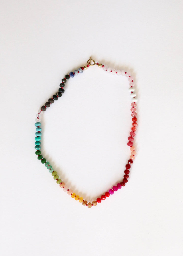 Paradise multicolor gemstone necklace with gold filled toggle laid flat