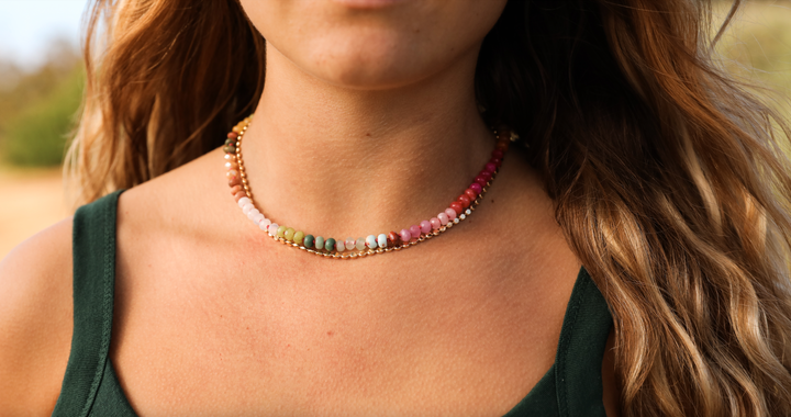 Close up of the Sandbar gemstone necklace