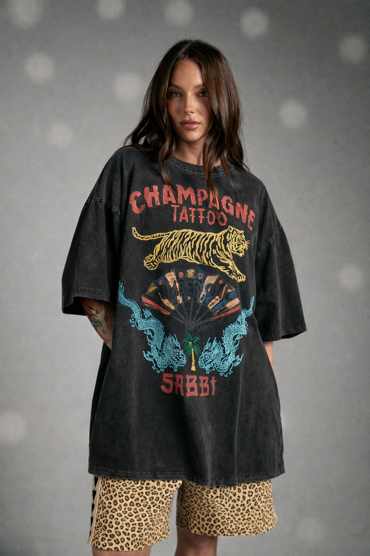 The Very Oversized Champagne Tattoo Tee - Black