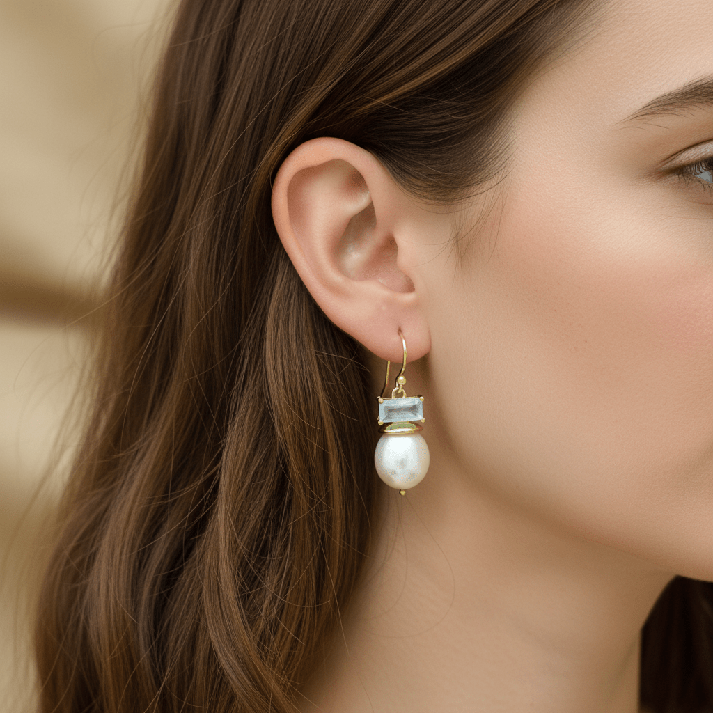 Coline Earring Gold Plated - Pearl & Aquamarine Chalcedony - Meadow Collectiveearrings