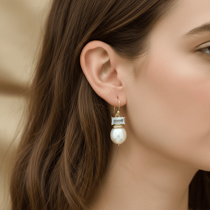 Coline Earring Gold Plated - Pearl &amp; Aquamarine Chalcedony - Meadow Collectiveearrings