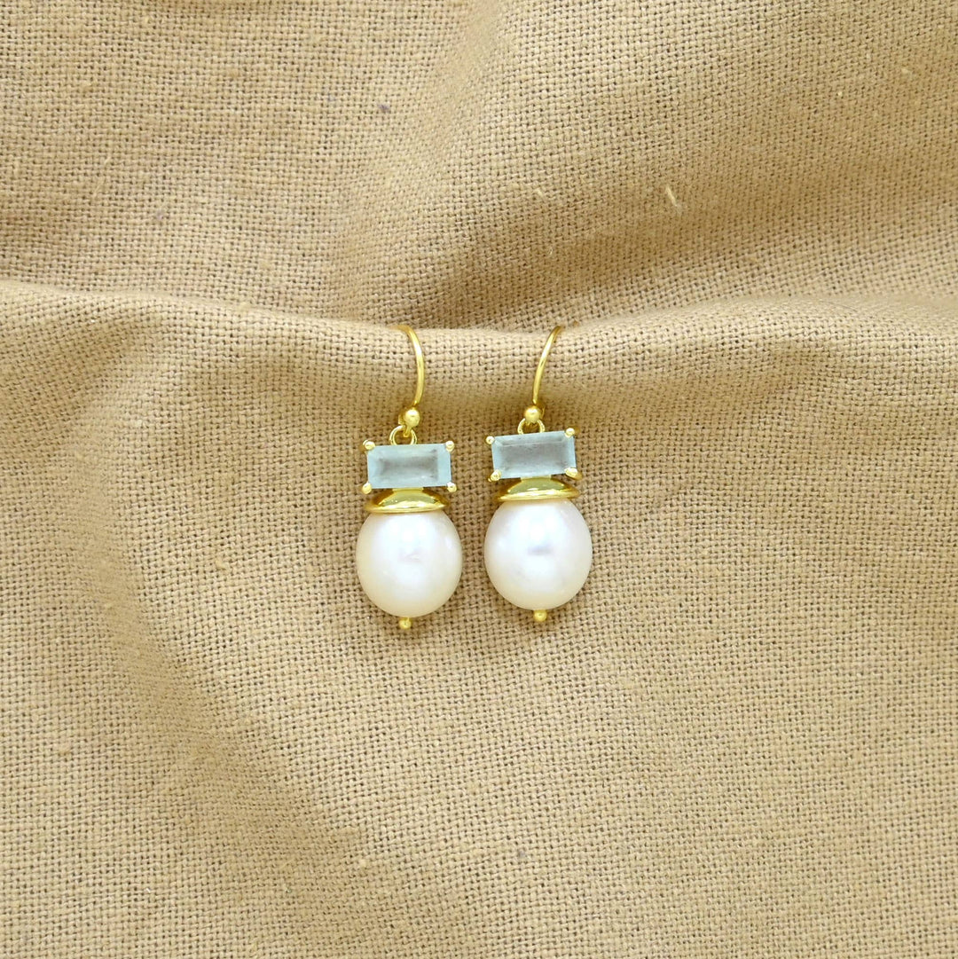 Coline Earring Gold Plated - Pearl &amp; Aquamarine Chalcedony - Meadow Collectiveearrings