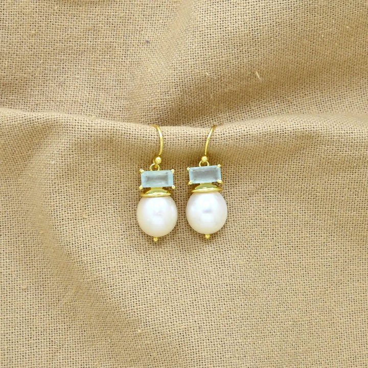Coline Earring Gold Plated - Pearl &amp; Aquamarine Chalcedony - Meadow Collectiveearrings
