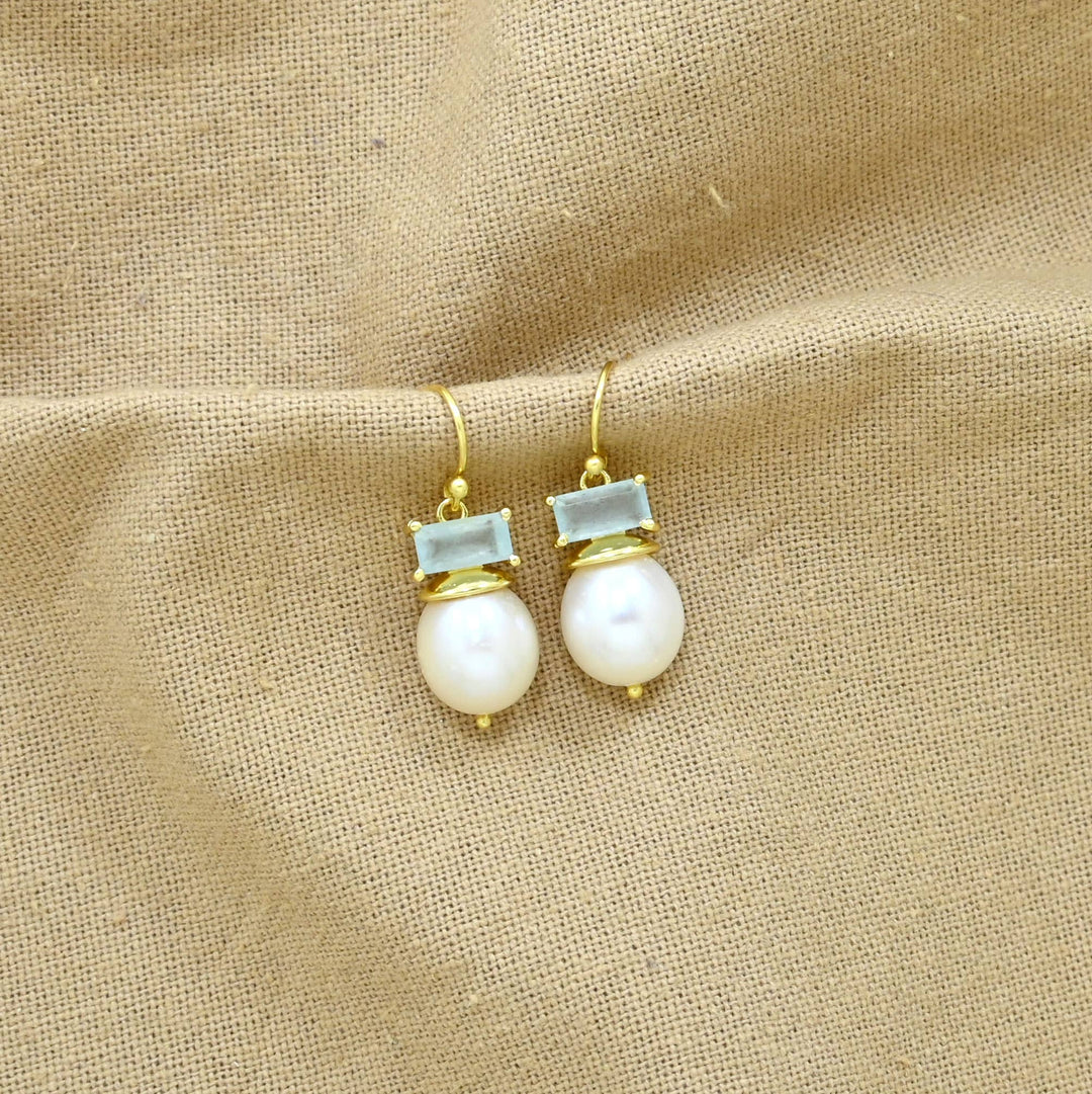 Coline Earring Gold Plated - Pearl &amp; Aquamarine Chalcedony - Meadow Collectiveearrings