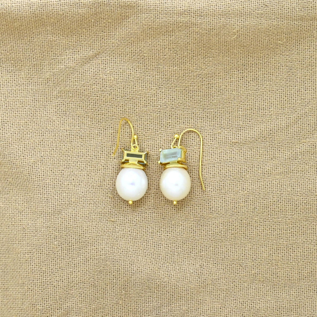 Coline Earring Gold Plated - Pearl &amp; Aquamarine Chalcedony - Meadow Collectiveearrings