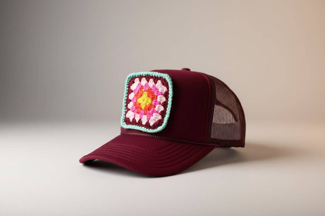 Crimson Splash: Women’s Boho Crochet Patch Trucker Hat - Meadow Collectivetrucker hat